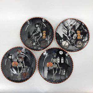 222 Fifth Bicycle Dapper Skeleton 8” Halloween Luncheon Dessert Plate Set of 4